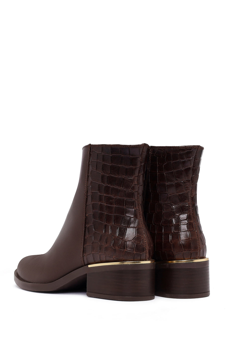 Woman Brown Zip Closure Short Thick Heeled Leather Boots