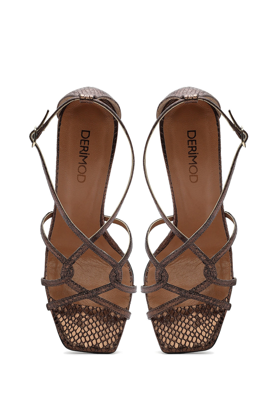 Women's Bronze Ankle Strap Patterned High Thin Heel Leather Shoes