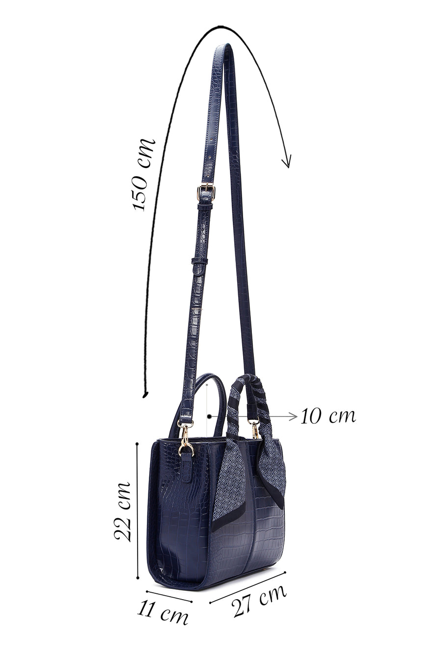 Women's Navy Blue Long Strap Crocodile Patterned Handbag with Accessory Detail