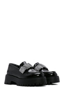 Women's Black Patent Leather Stone Masculine Loafer | Derimod