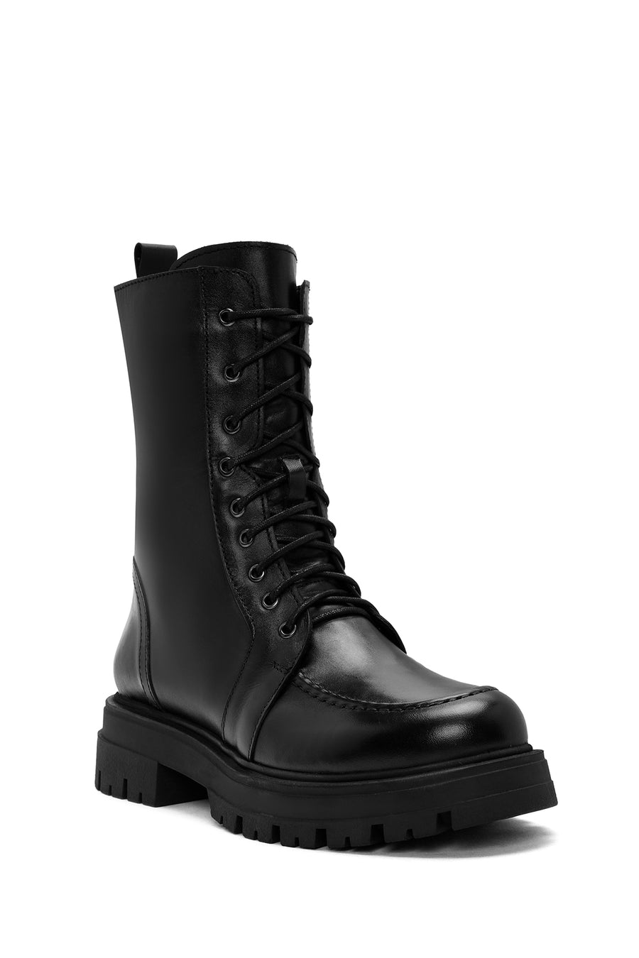 Women's Black Lace-Up Zipper Detailed Leather Combat Boots
