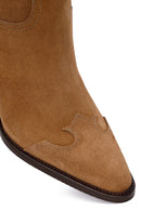 Woman Tan Chunky-Heel Suede Leather Cowboy Boots | Derimod