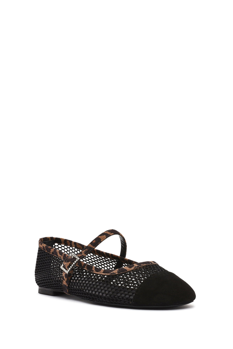 Women's Black Leopard Patterned Buckled Mesh Leather Ballerinas