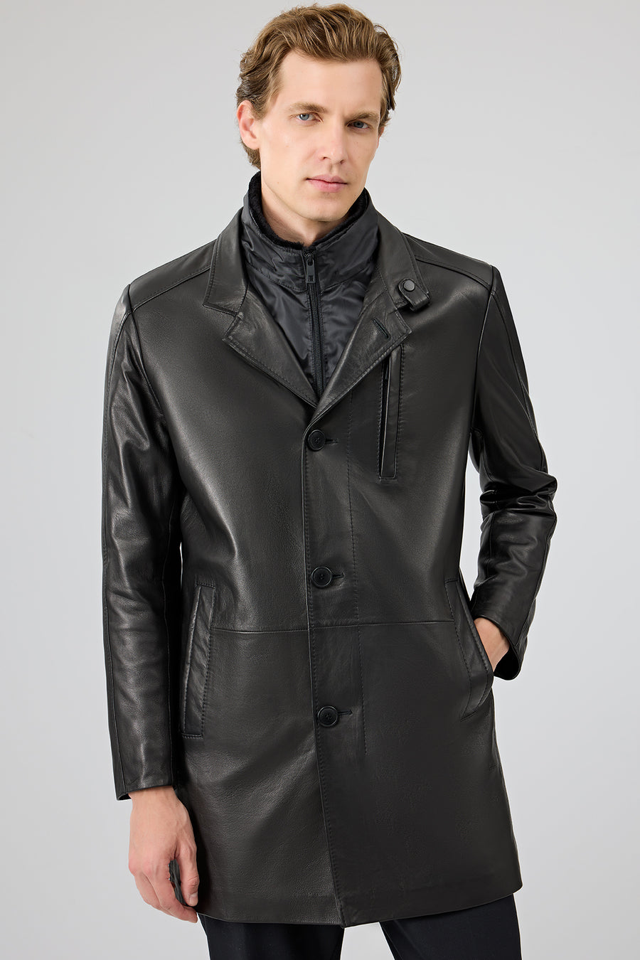 Barella Men's Black Collar Furry Leather Trench Coat