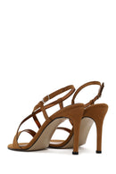 Woman Tan Ankle-Buckle High Thin-Heel Suede Sandal | Derimod