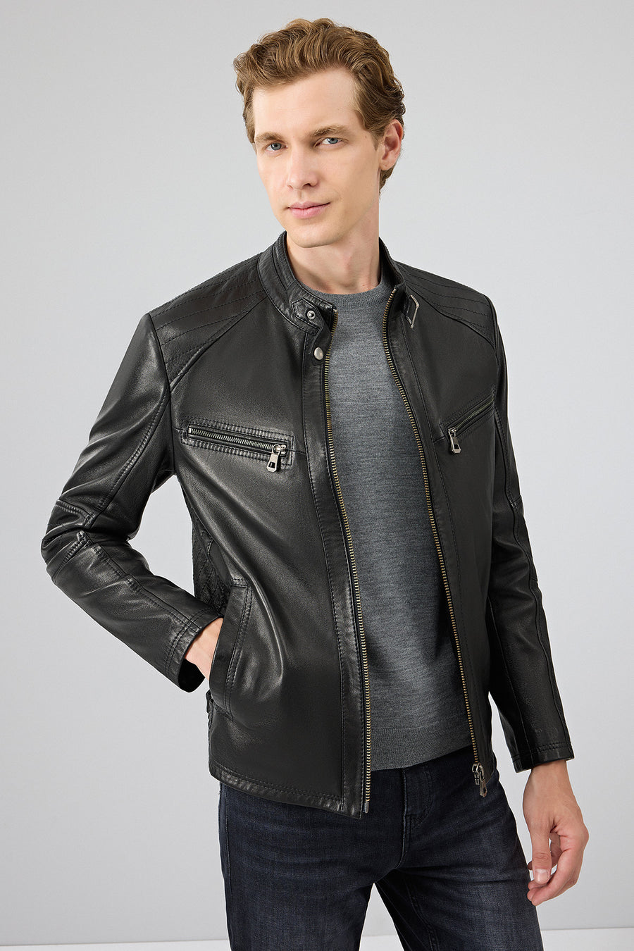Jefferson Men's Black Stand Collar Slim-Fit Leather Jacket
