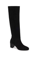 Woman Black Thick-Heeled Suede Boots | Derimod