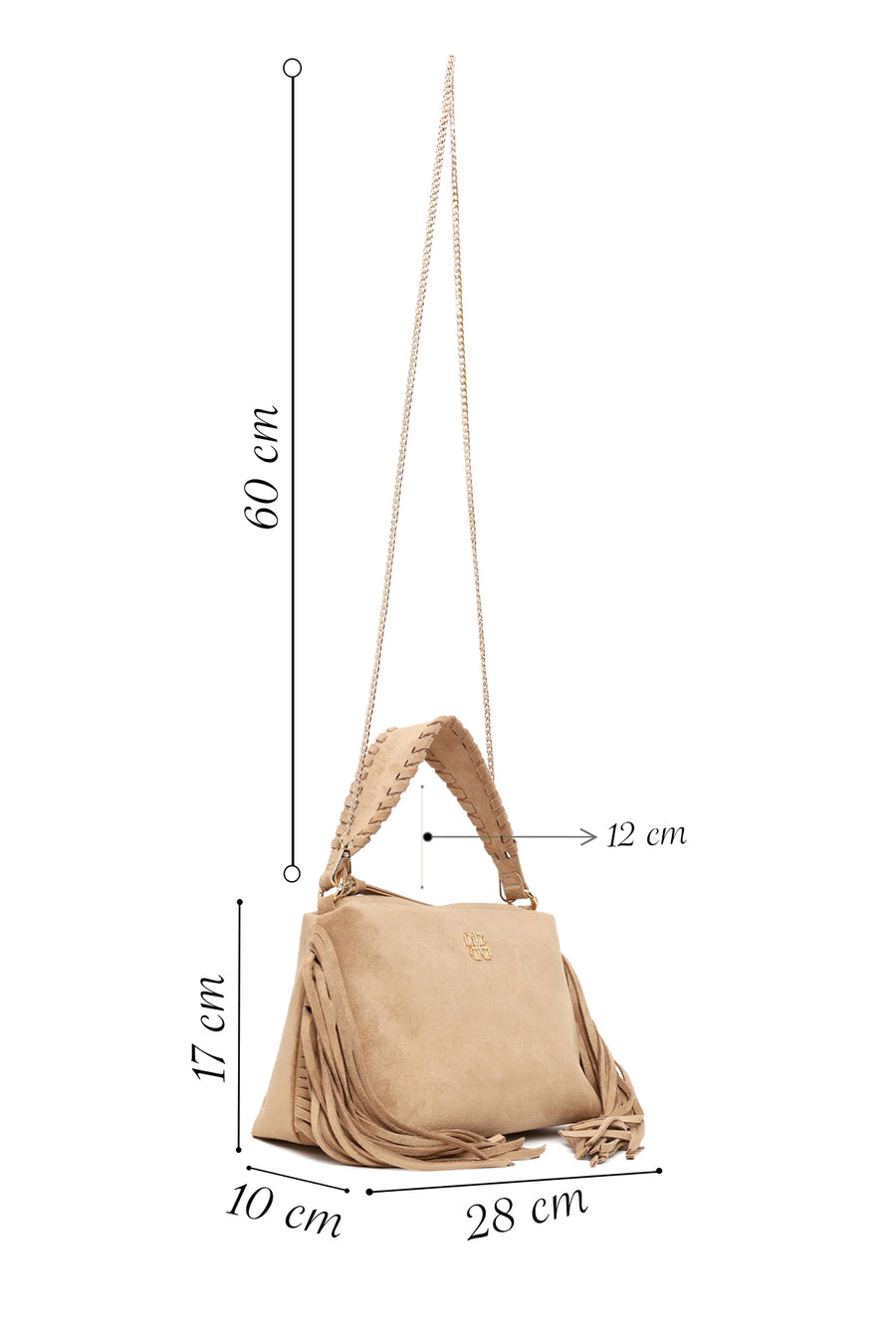 Woman Beige Suede Shoulder Bag with Long Chain Strap and Tassel