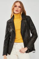 Mayfair Women's Brown Vintage Long Biker Leather Jacket | Derimod