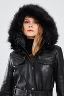 Lavinia Women's Black Hooded Fur Leather Coat | Derimod