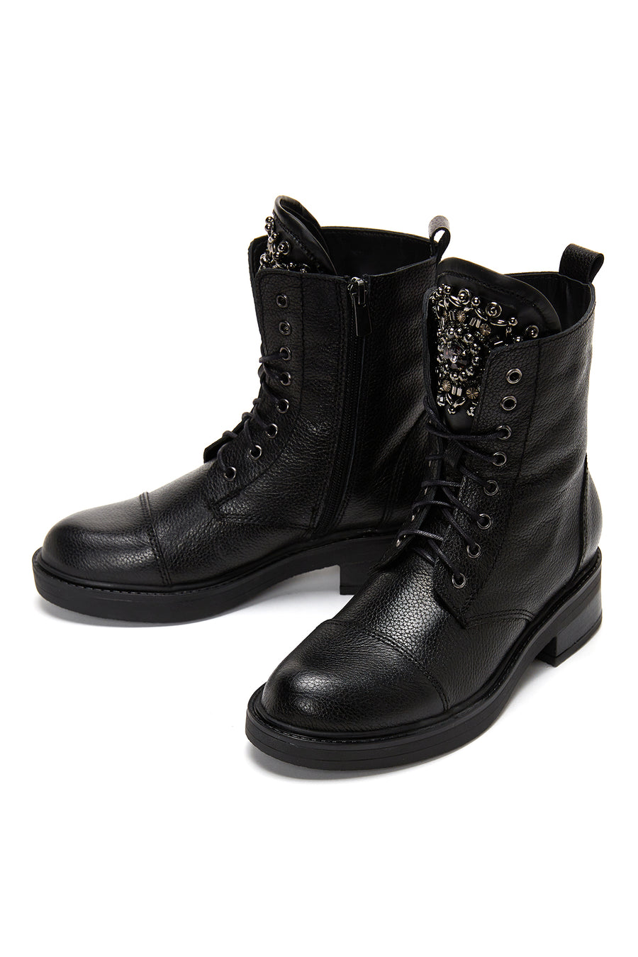 Women's Black Leather Zippered Stone Flat Boots