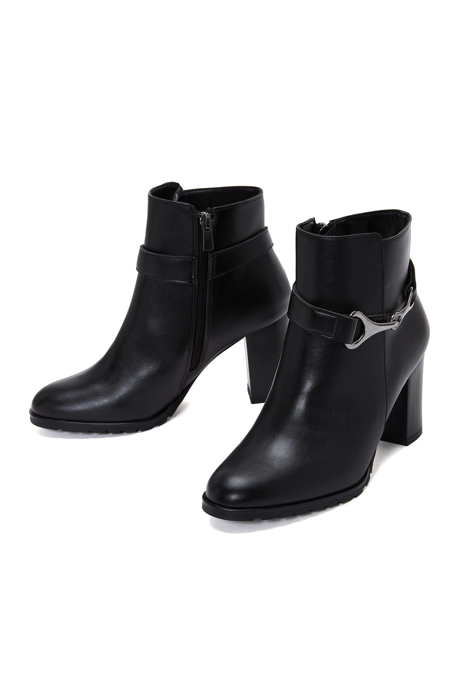 Women's Black Zippered Buckle Heeled Boots