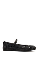 Women's Black Stone Leather Ballet Flats | Derimod