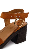 Woman Tan Ankle-Buckle Chunky-Heel Suede Sandal | Derimod