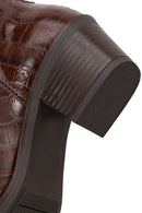 Woman Brown Thick-heeled Croc-embossed Leather Cowboy Boots | Derimod