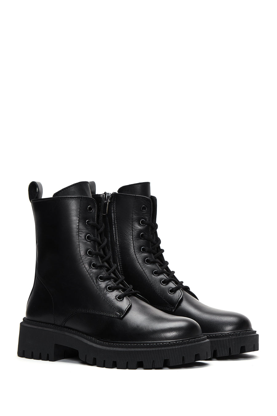 Woman Black Zip Closure Leather Combat Boots
