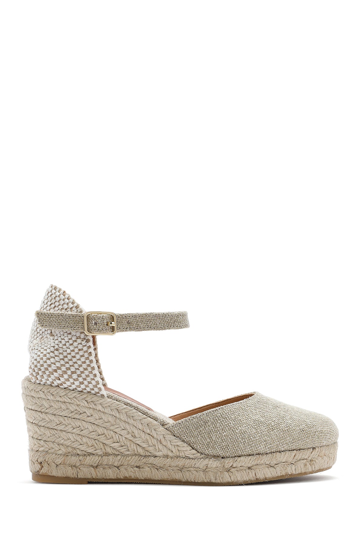 Women's Beige Ankle Buckle Wedge Heel Fabric Espadrille Sandals 25SFD45756F | Derimod