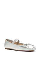 Women's Silver Metallic Leather Ballerinas | Derimod