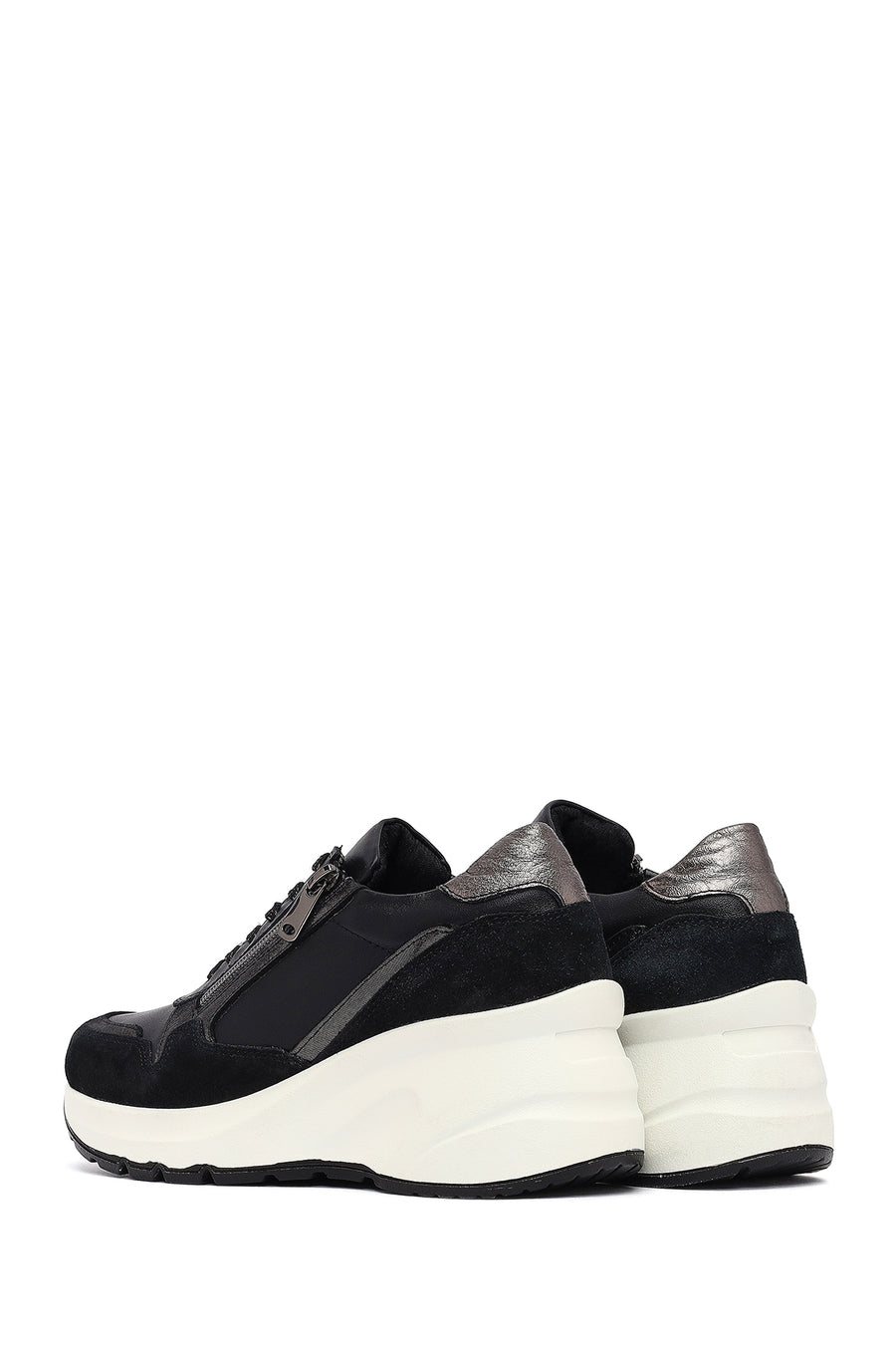 Kadın Siyah Bağcıklı Fermuar Detaylı Dolgu Topuklu Deri Sneaker