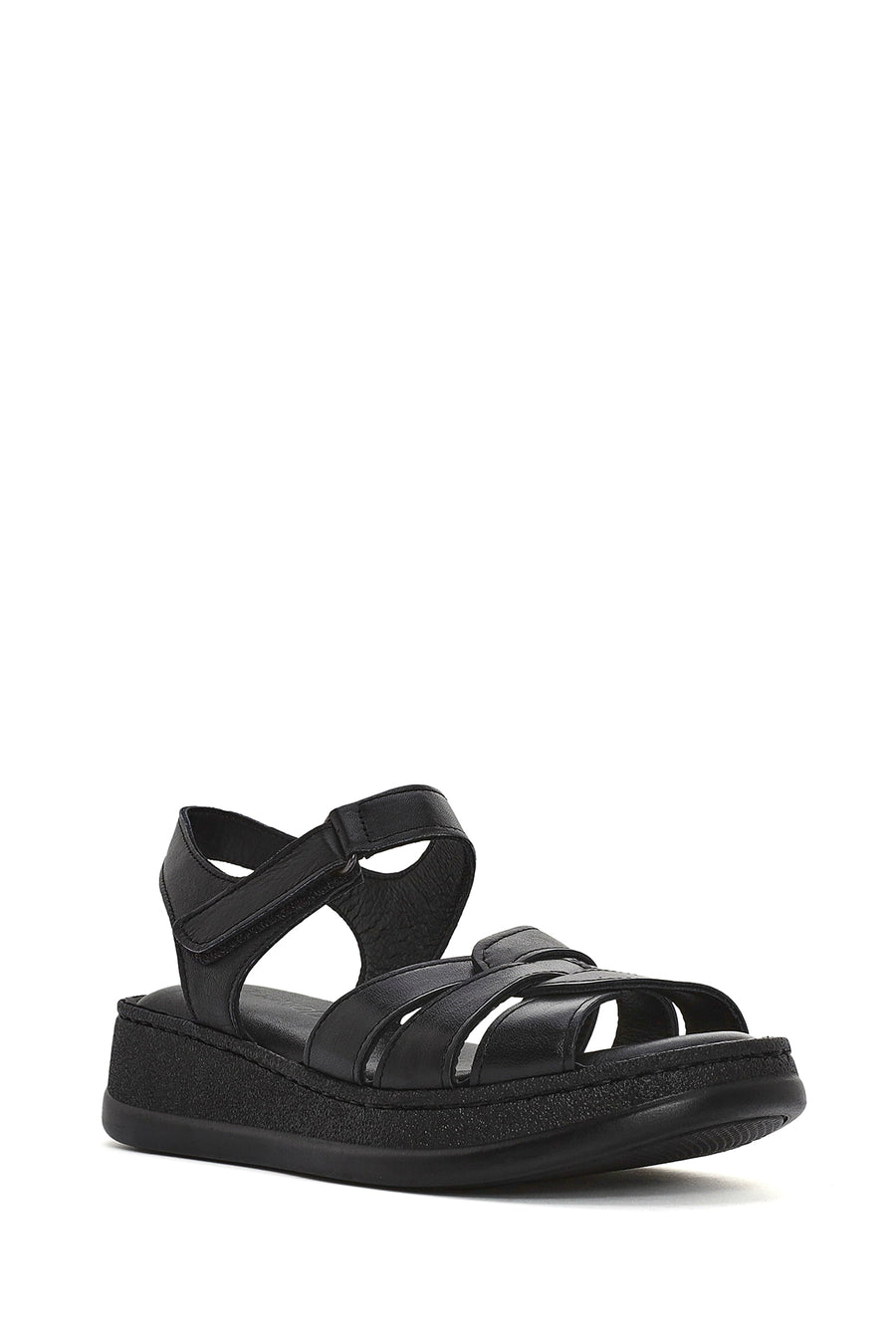 Women's Black Strappy Thick Soled Leather Comfort Sandals