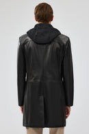 Dias Men's Black Long Hooded Leather Trench Coat | Derimod