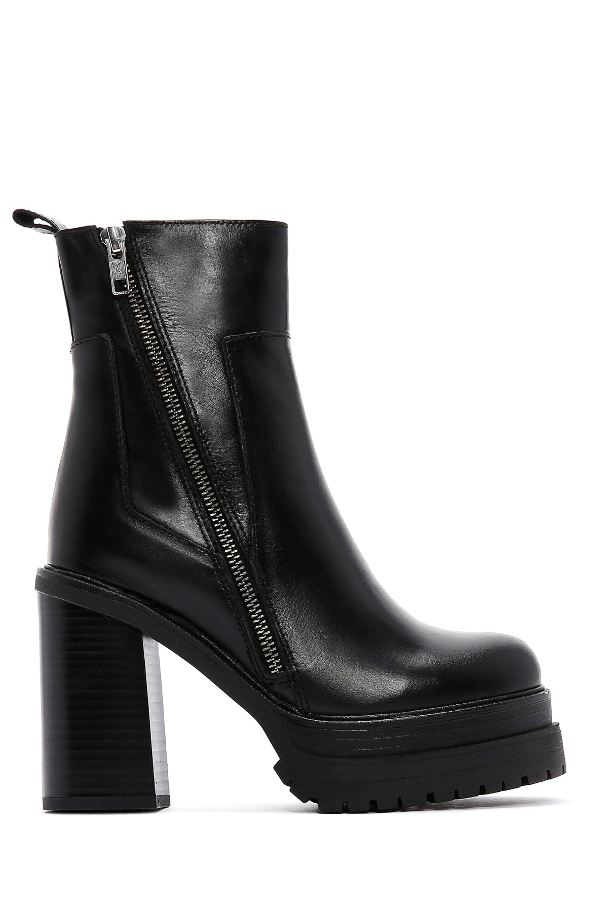 Women's Black Leather Zippered Platform Heeled Boots 23WFD189218 | Derimod