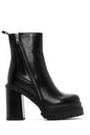 Women's Black Leather Zippered Platform Heeled Boots | Derimod