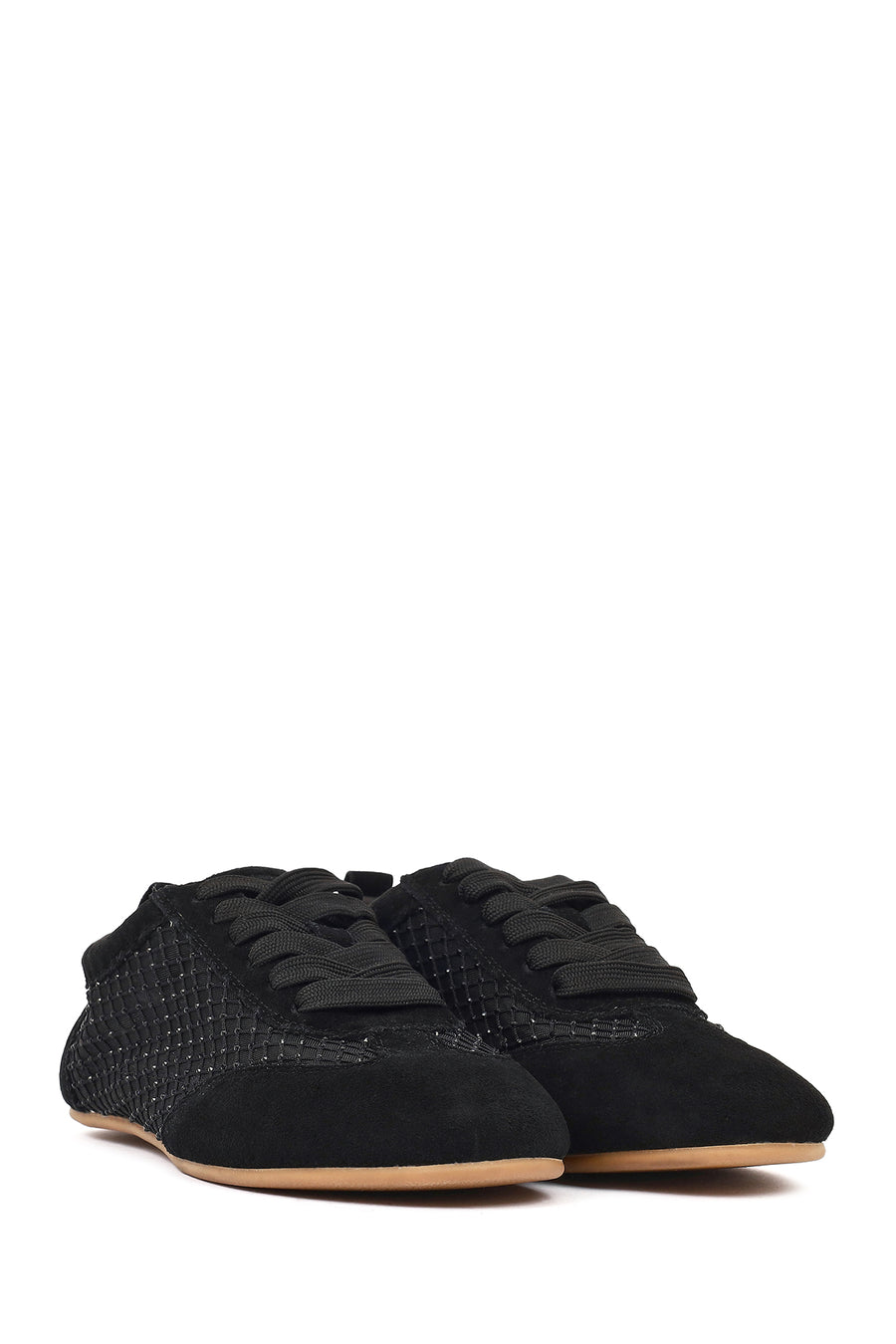 Women's Black Lace-Up Rhinestone Suede Leather Sneaker
