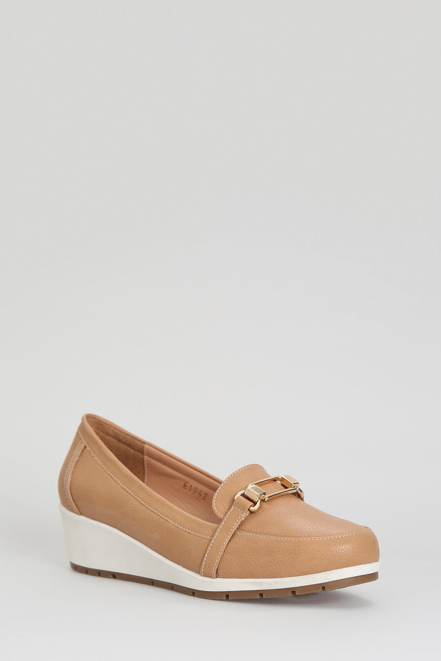 Brown Women's Leather Loafer with Wedge Heels