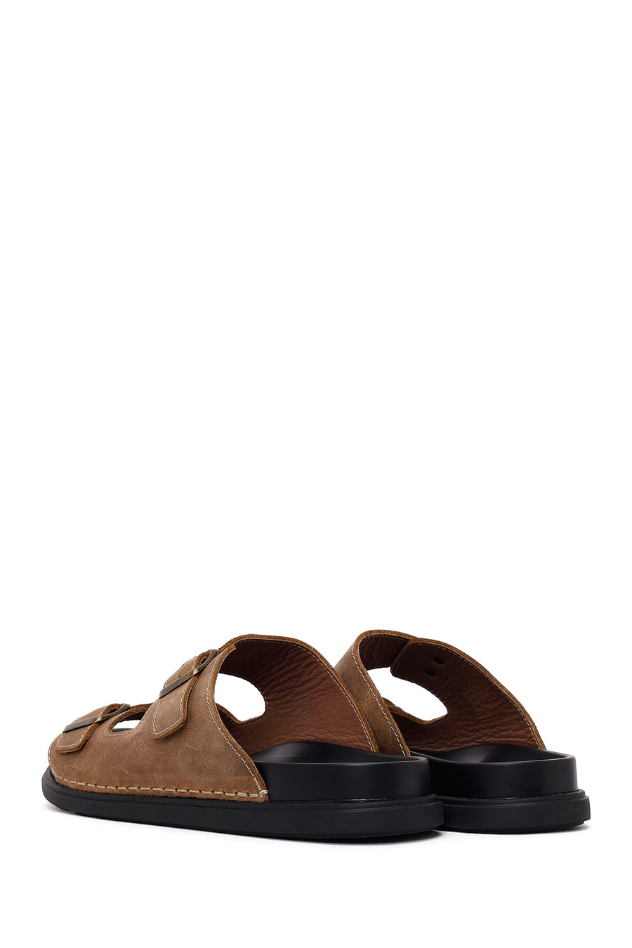 Male Beige Double-Buckle Nubuck Leather Slipper