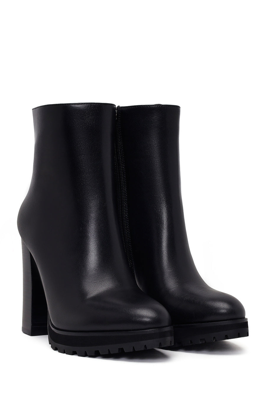 Woman Black Zip Closure High Thick-Heeled Leather Boots