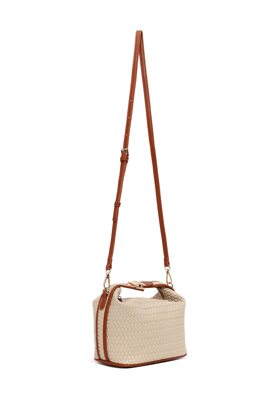 Woman Beige Long-Strap Knitted Shoulder Bag