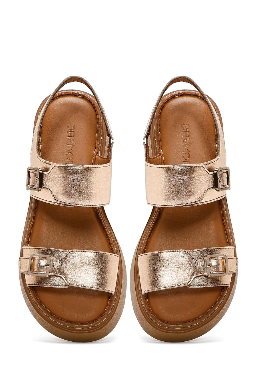 Women's Bronze Buckled Thick Soled Metallic Leather Comfort Sandals