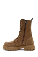 Women's Camel Zippered Nubuck Leather Combat Boots | Derimod