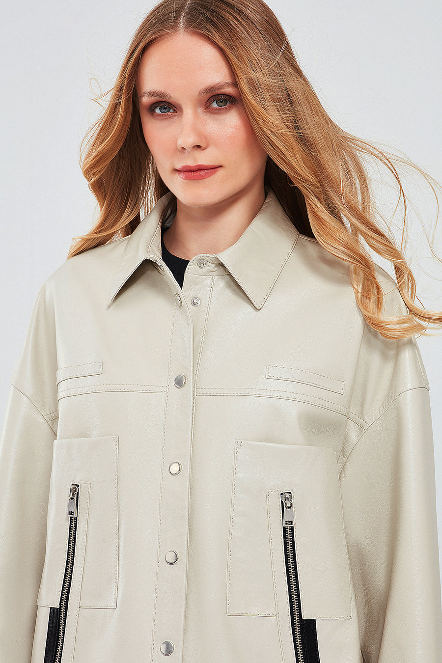 Farrah Women's Beige Oversize Leather Jacket