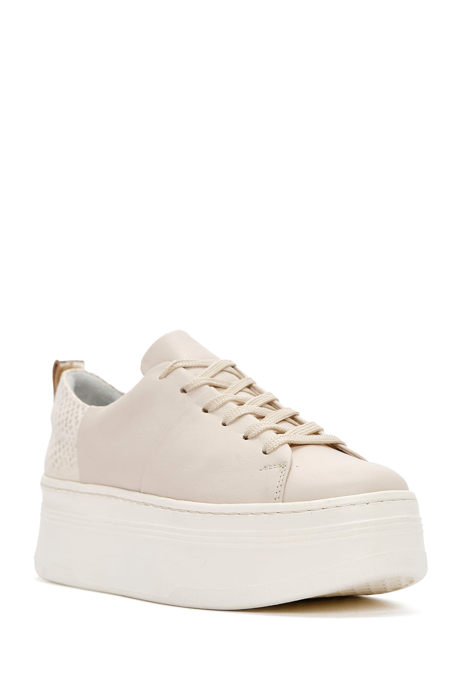 Kadın Bej Kalın Tabanlı Bağcıklı Deri Sneaker