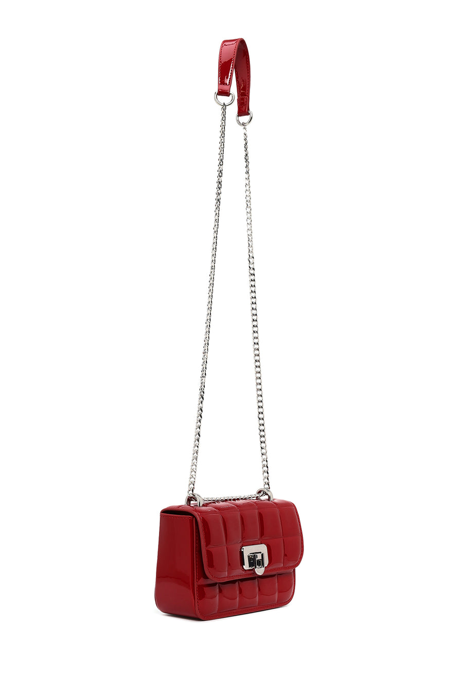 Woman Red Long-Strap Quilted Mini Crossbody Bag
