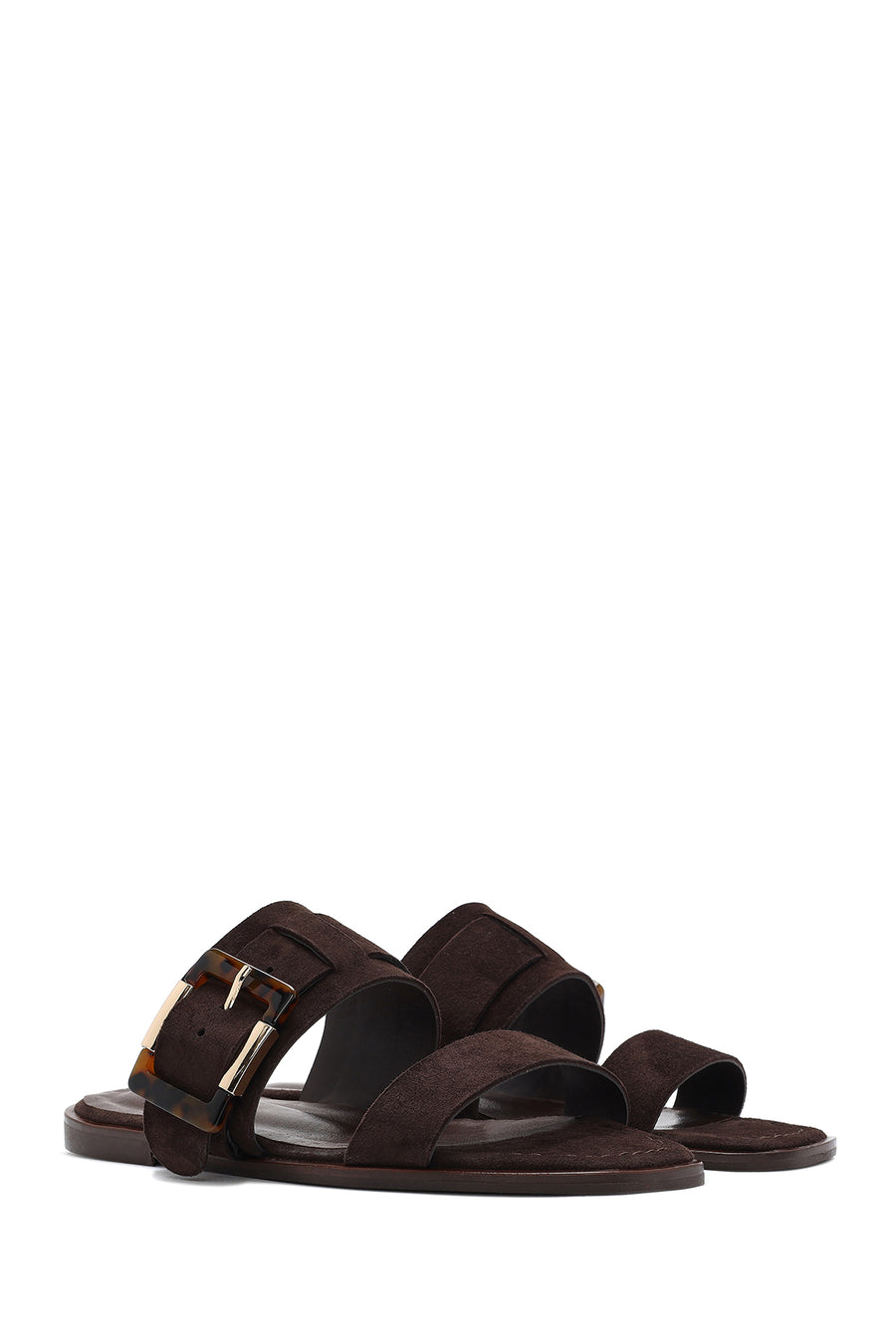Woman Brown Buckled Suede Leather Slippers
