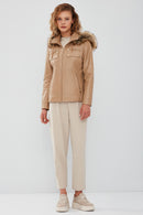 Monica Women's Beige Hooded Leather Coat with Fur Collar | Derimod