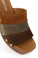 Woman Multicolored Thick-Heeled Suede Slipper | Derimod
