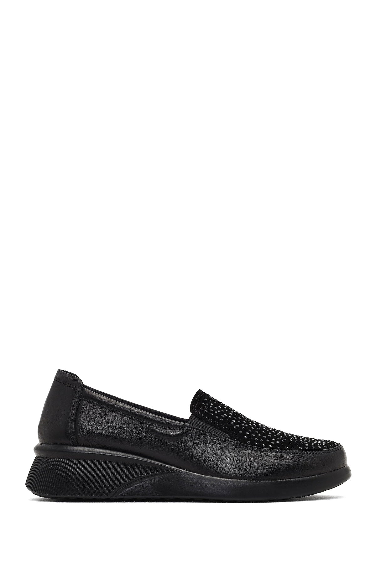Woman Black Stone-Detail Wedge Heel Leather Comfort Shoes AF460009DK | Derimod