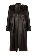 Adele Woman Black A-Line Hooded Fur Collar Leather Overcoat | Derimod