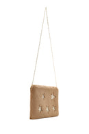 Women's Beige Long Chain Strap Star Pattern Plush Clutch Bag | Derimod