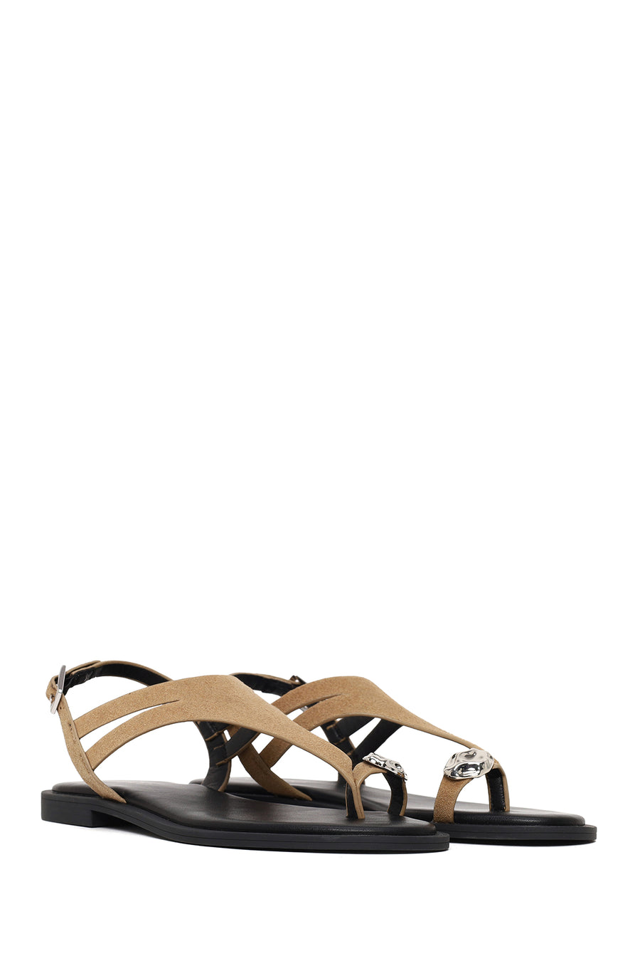 Woman Beige Buckled Toe-Post Suede Sandal