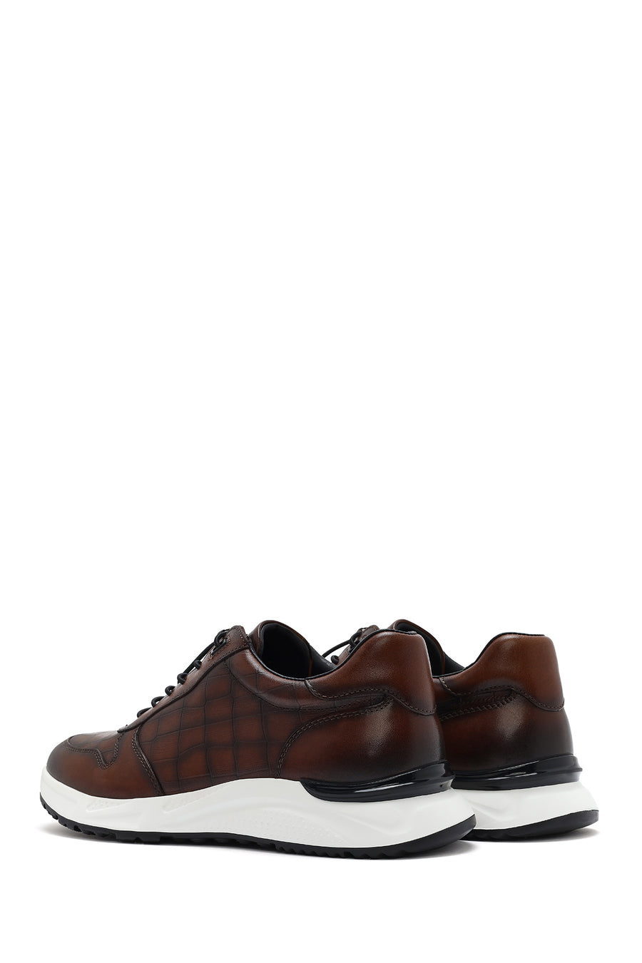Men's Brown Crocodile Patterned Lace-Up Leather Sneakers