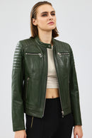 Zoom Women's Khaki Hooded Short Leather Jacket | Derimod