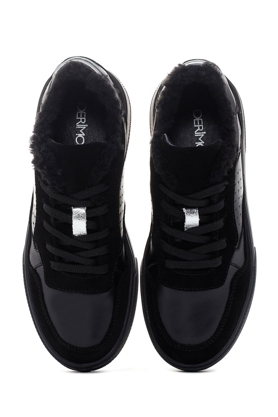 Kadın Siyah Kalın Tabanlı Kürklü Deri Sneaker