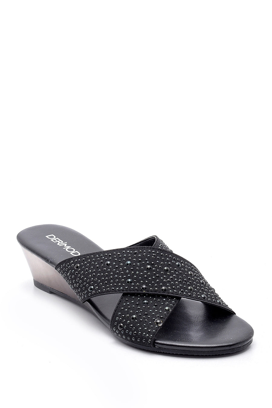 Women's Black Stone Wedge Heel Open Back Slippers