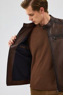 Kawhi Men's Brown Slim-Fit Embroidered Leather Coat | Derimod