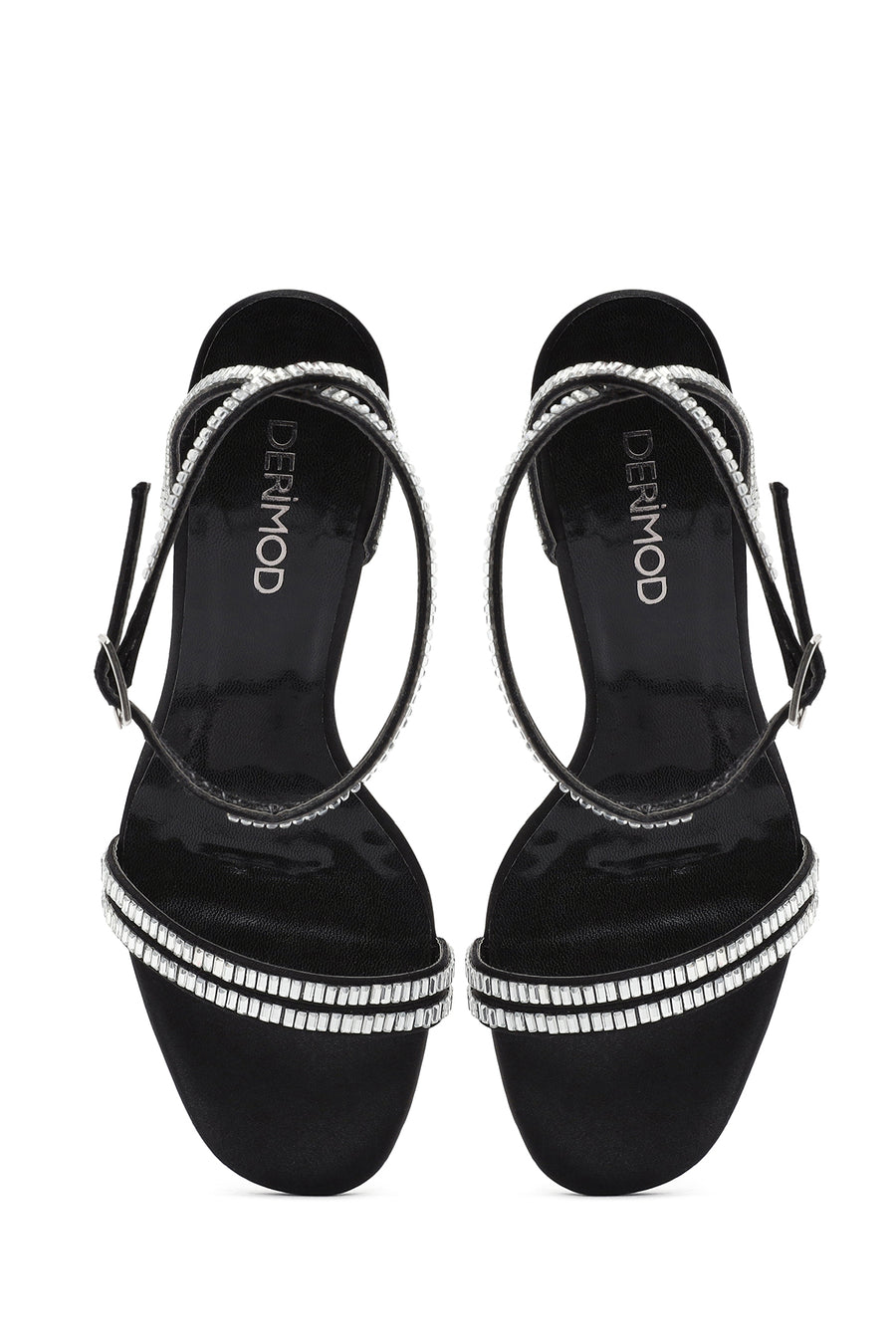 Women's Black Ankle Buckle Stoned Thin Heel Sandals